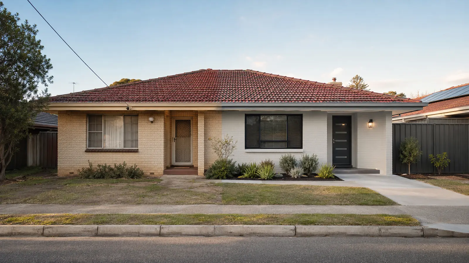 Before and after view of targeted exterior renovation to an established Perth home
