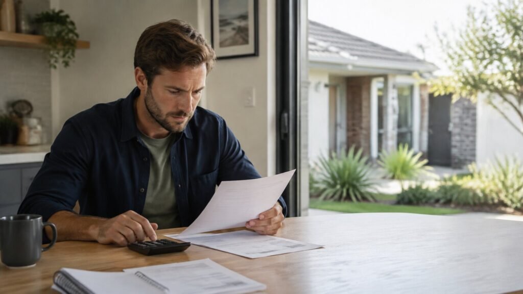 First-home buyer reviewing property settlement documents and transfer duty calculations at a Perth home