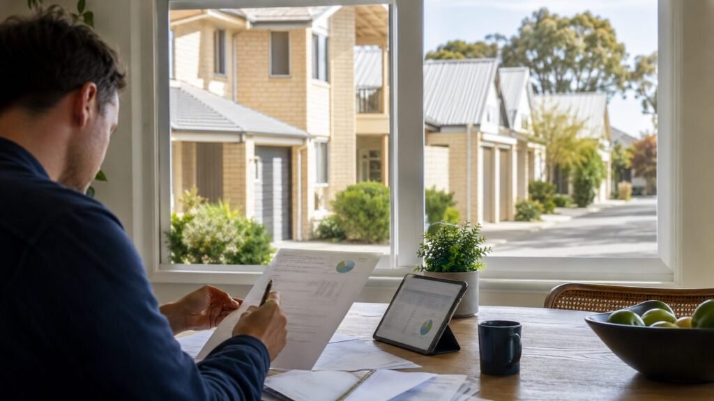 Perth resident comparing rent and home-buying costs beside a window overlooking a villa complex