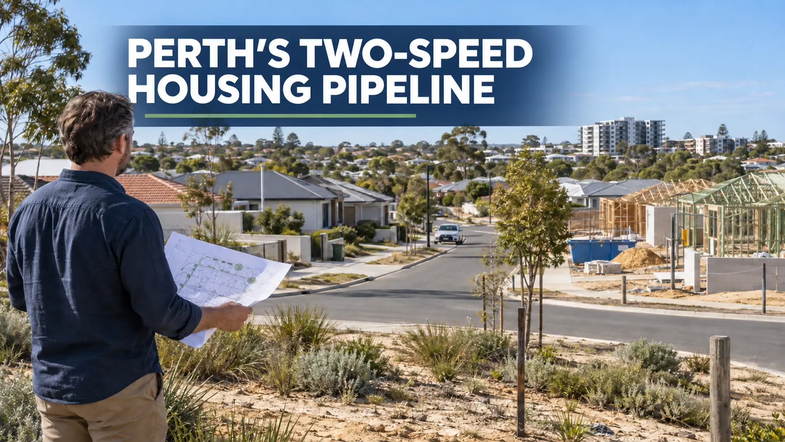 A property owner reviews a site plan overlooking a Perth suburb with detached homes under construction and apartments in the distance.